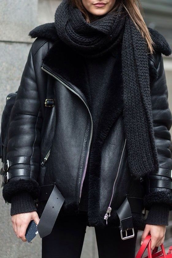 New black faux leather shearling warm women aviator coat winter .