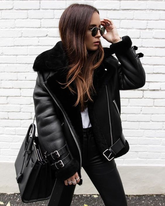 New black faux leather shearling warm women aviator coat winter .