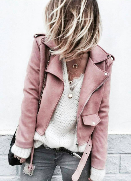 white cashmere + pink moto jacket | Fashion, Clothes, Street sty