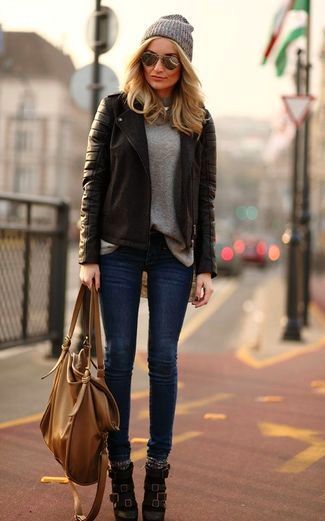 How To Wear Navy Skinny Jeans With a Grey Crew-neck Sweater (61 .