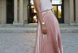 New light pink metallic midi length pleated women skirt metalic .