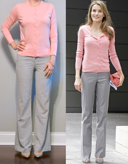outfit post: pink cardigan, grey pants, grey pointed toe pumps .