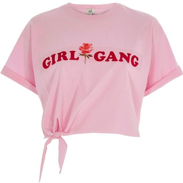 River Island Pink 'girl gang' knot front cropped T-shirt ($20 .
