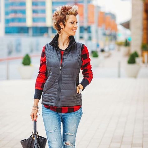 Plaid, thermal top, black vest outfit, red plaid outfit, casual .