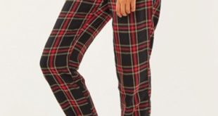 Trendy Burgundy Plaid Printed Cotton Loose Casual Pants for Women .