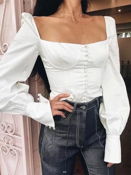 White Square Neck Tie Back Puff Sleeve Women Crop Shirt | Top .
