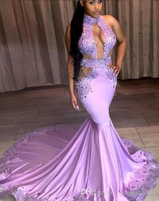 Purple Mermaid Sexy Prom Dresses 2019 Backless Halter Modest Lace .
