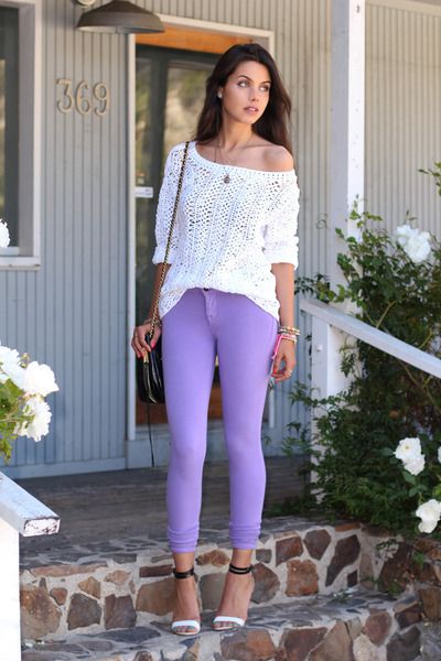 Purple jeans comfy white sweater | Purple outfits, Purple jeans outf