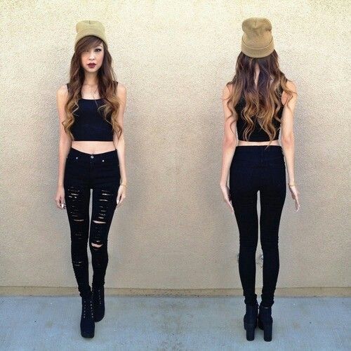 Love this all black outfit with ripped jeans and crop top | Crop .