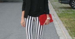 With black jacket, classic pumps and red clutch (good work outfit .