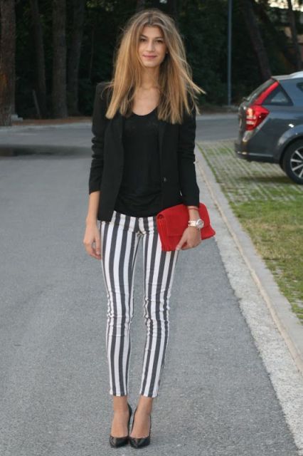 With black jacket, classic pumps and red clutch (good work outfit .
