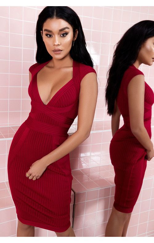 Clothing : Bandage Dresses : 'Sophia' Wine Red Ribbed Cupped .