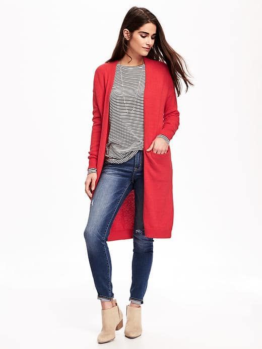 Relaxed Open-Front Long Sweater for Women | Red cardigan outfits .
