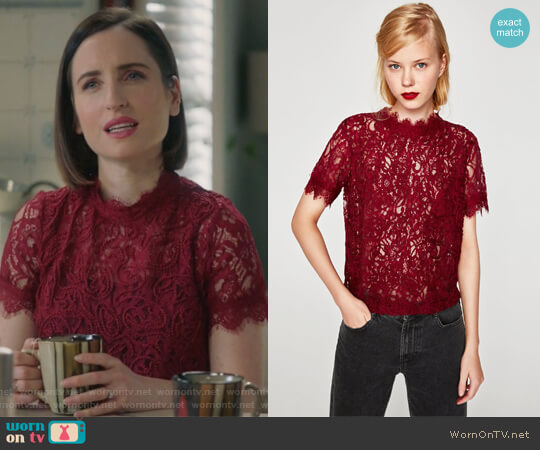 WornOnTV: Jen's red floral lace top on Life in Pieces | Zoe Lister .
