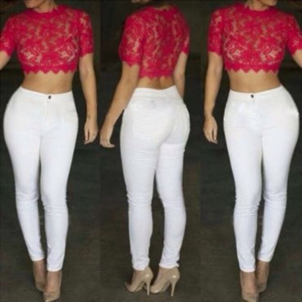 blouse, red lace crop top, top, crop tops, lace top, pants .