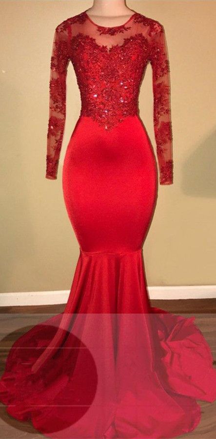 Red Long Sleeve Lace Mermaid Evening Prom Dress From 27dress.com .