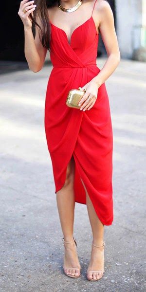Red Silk Plunge Drape Dress - With Love From Kat | Draped midi .