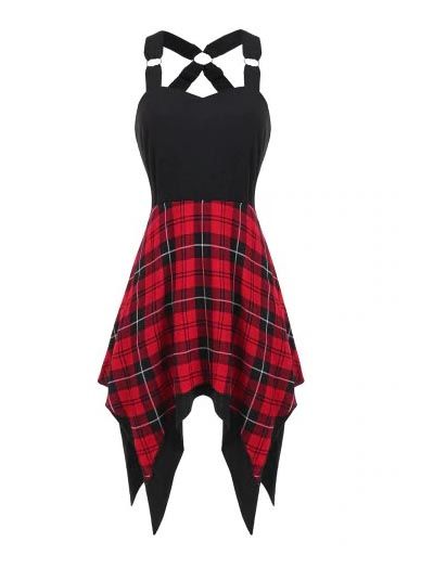 Women's Black Red Plaid Punk Casual Tartan Strap Mini Dress .