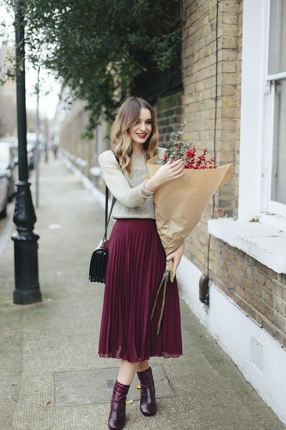 New burgundy pleated high waist women skirt wine red midi length .