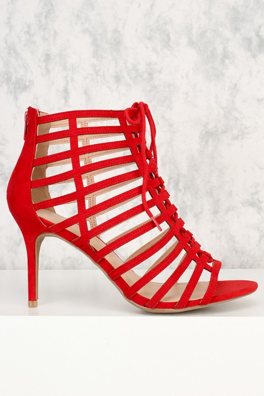 Red Strappy Caged Front Lace Up Open Toe Single Sole High Heel .