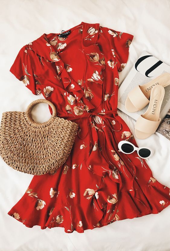 Romance Red Floral Print Wrap Dress | Fashion, Clothes, Cute outfi