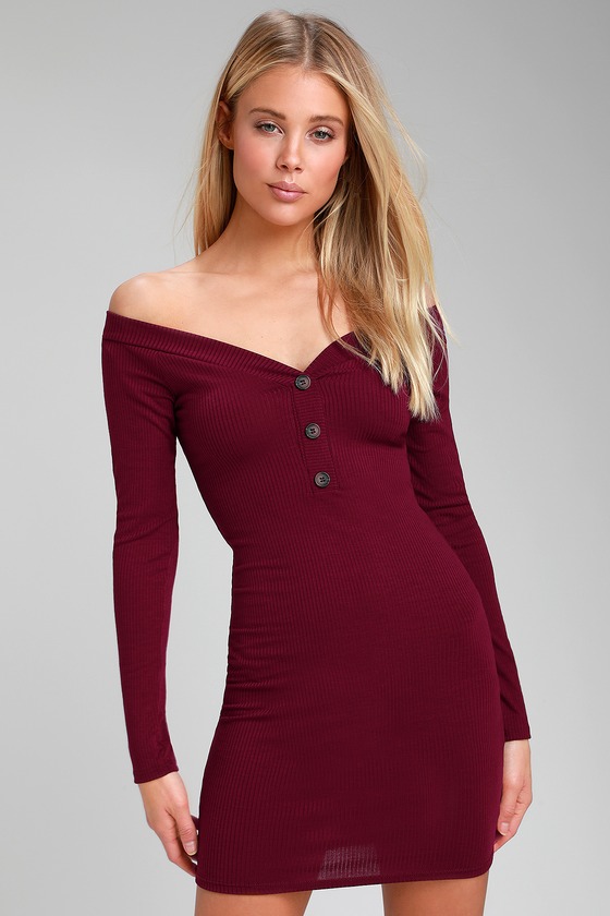 Burgundy Bodycon Dress | Long Sleeve Off-the-Shoulder Dre