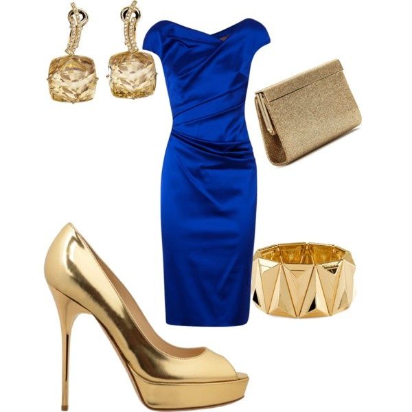 royal blue dress and gold earrings/ shoes/ braclet/ clutch by .