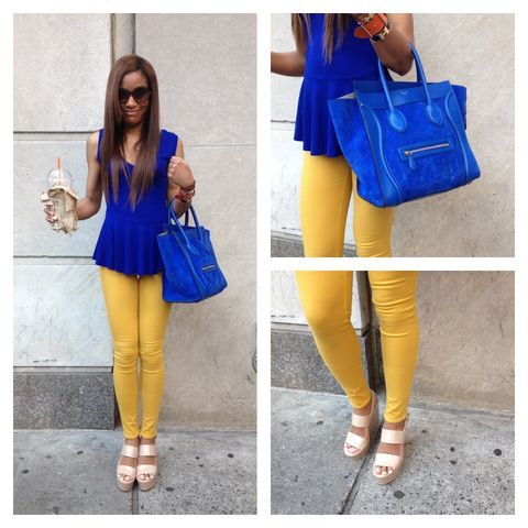 Mustard Pants + Royal Blue Top | Royal blue outfits, Yellow jeans .