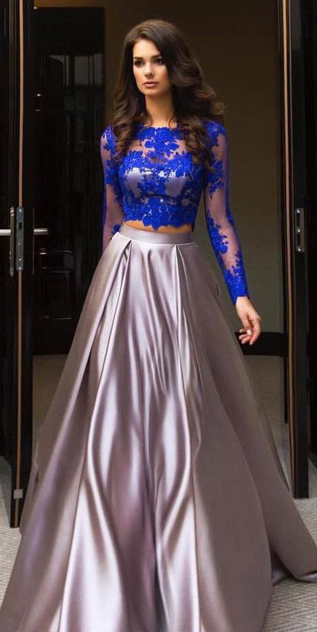A Line Royal Blue Two Piece Long Sleeve Lace Top Prom Dresses .