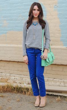 Royal Blue Pants Outfit Ideas minus that horrible shade of green .