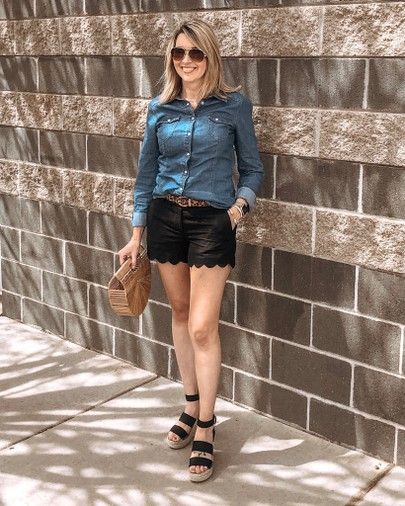 Date Night outfit. Girls night out outfit. Denim shirt and shorts .