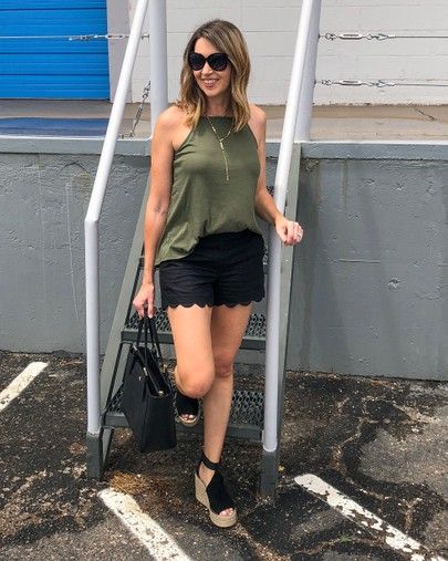 Summer outfit ideas. Black shorts and olive top outfit. Summer .