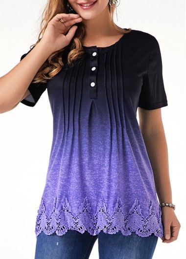 Womens Casual Tops Lace Panel Scalloped Hem Crinkle Chest T Shirt .