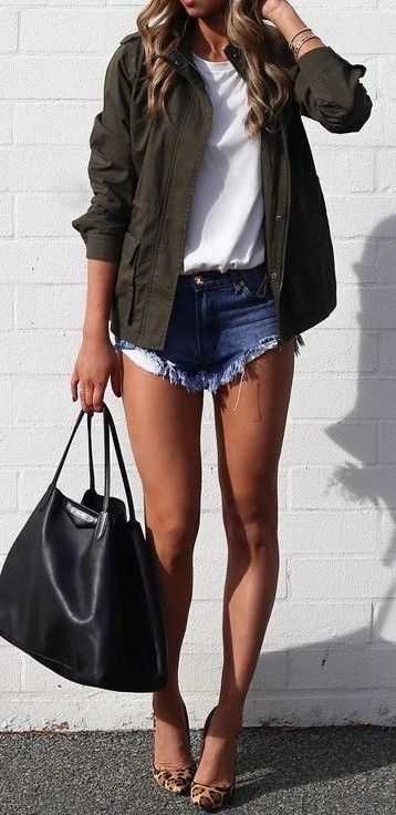 summer #fblogger #outfits | Army Green Jacket + White Top + Denim .