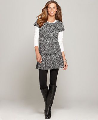Tee under short sleeve sweater dress, leggings and boots .