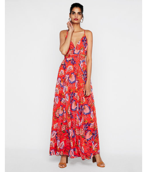 Floral Side Cut-Out Maxi Dress Red Women's XXS | Products | Dress .