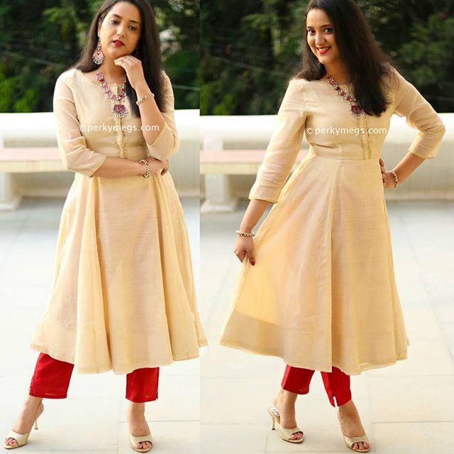 Beige A line kurti with Pants. Long Silk kurti with pants. How to .