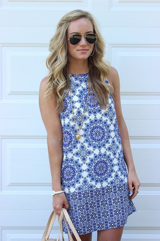 Blue white mosaic dress. Sleeveless shift dress. Resort wear .