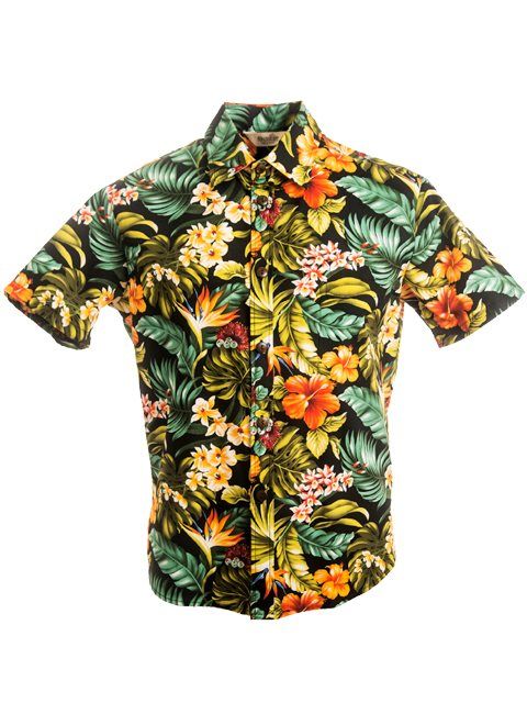 Exclusive] Slim Fit Hawaiian Shirt [Island Flowers / Black .
