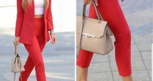 Red suit, white top and sport shoes | Fashionable work outfit .