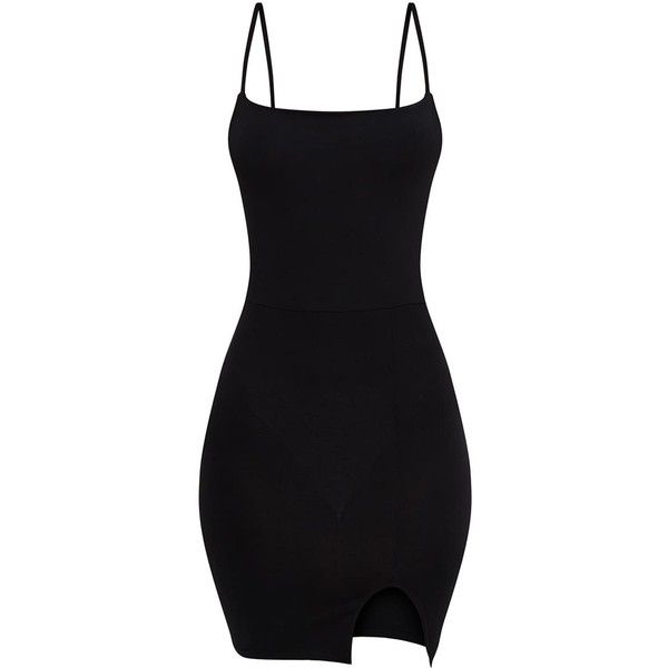 Black Square Neck Side Split Bodycon Dress ($10) ❤ liked on .