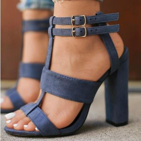 Women's Style Gladiator Sandals Navy Soft Suede Chunky Heel Open .