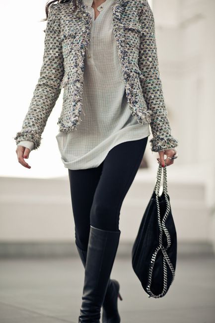Tweed :: Boucle jacket & Tall boots | Fashion, Clothes, Casu