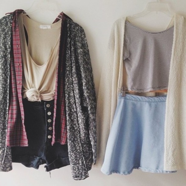 cute outfits, outfit idea, tie-front top, skater skirt, denim .