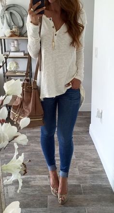 Fall & winter outfit - White loose henley top, jeans & heels good .