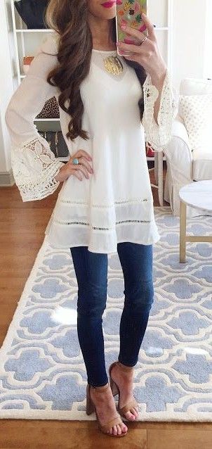 spring #summer #outfitideas | White Lace Tunic + Denim | Southern .
