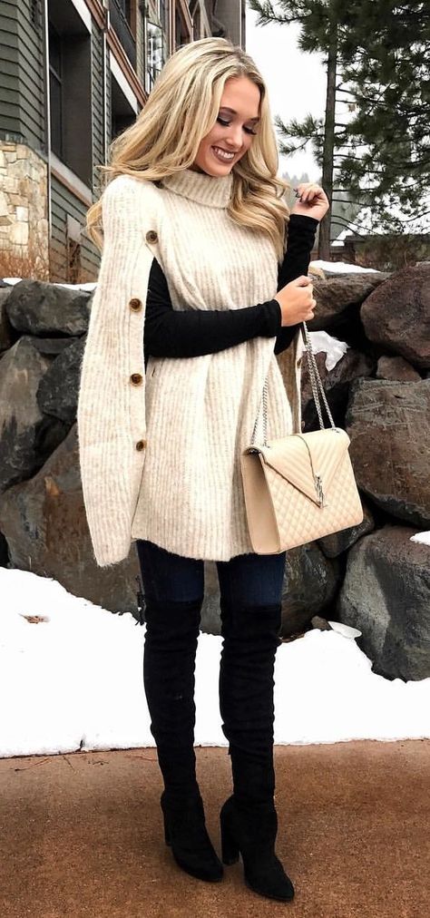 winter #outfits women's beige turtleneck sweater and black twill .