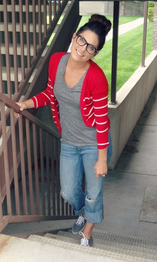 Fall Casual Outfit: Red and White Striped Cardigan + Grey V-Neck T .