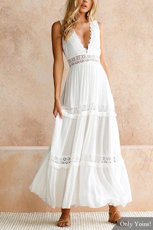 Sweet V-neck Lace Maxi Dress in White - US$40.99 | White lace maxi .
