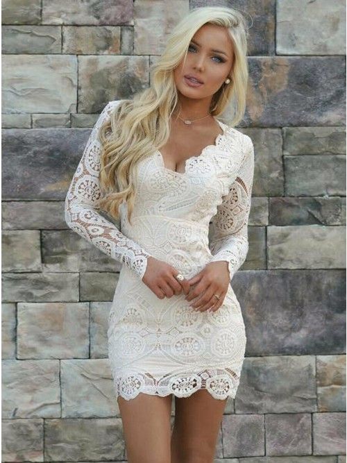 V-neck Lace Tight White Short Party Dress with Long Sleeves in .